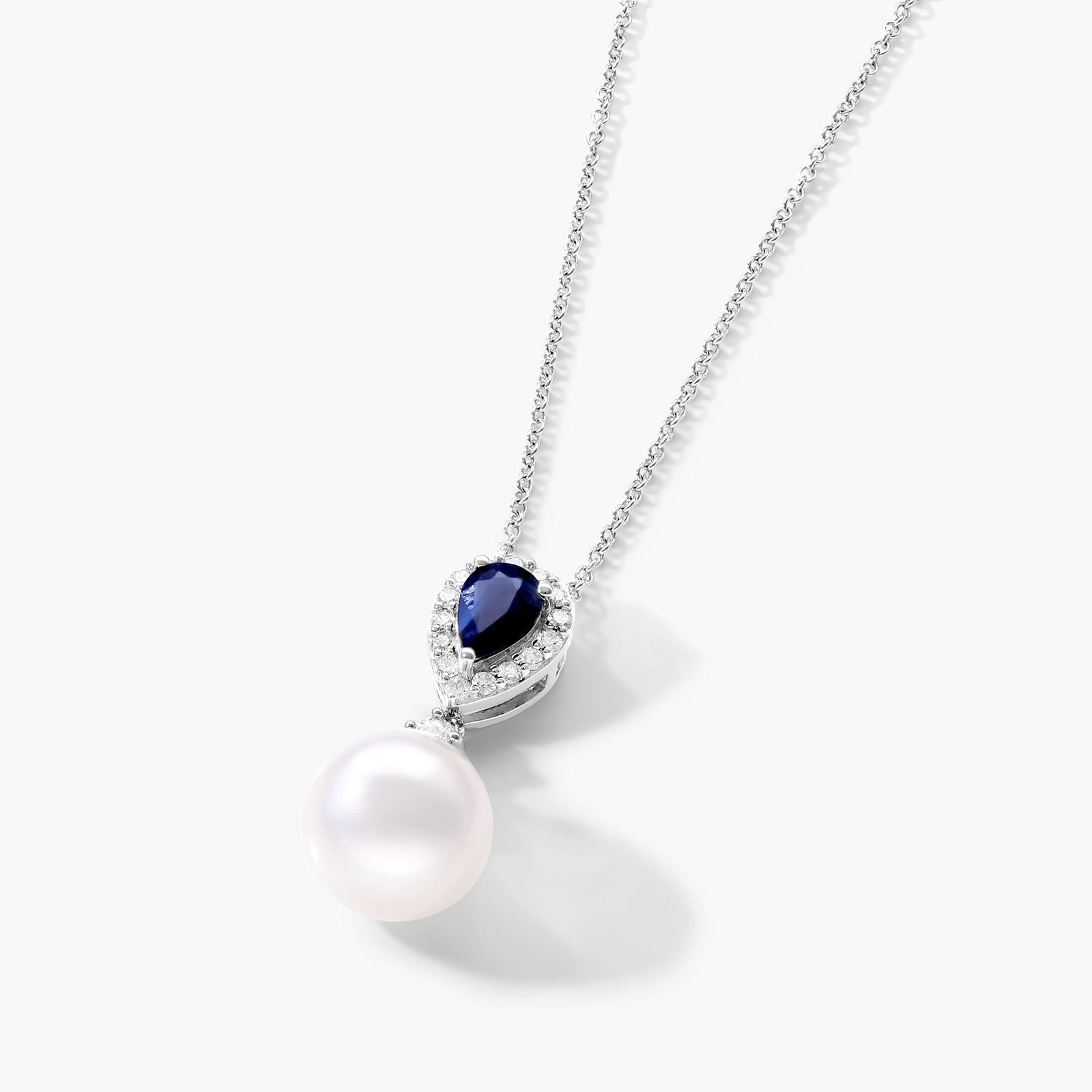 14K White Gold Akoya Cultured Pearl and Sapphire Drop Necklace (9.5mm)