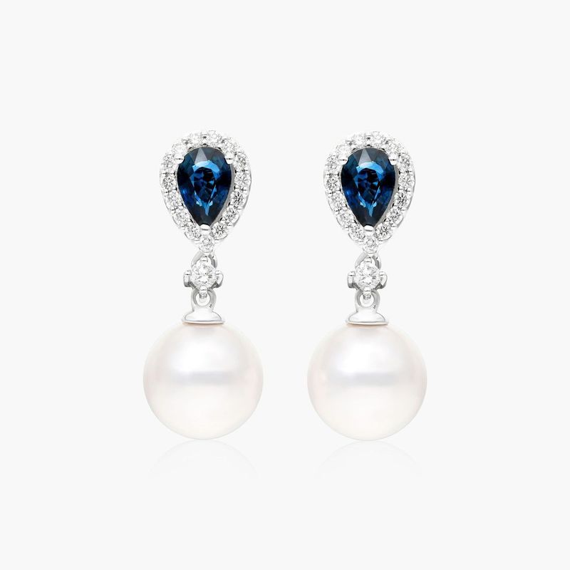 Cultured Akoya Pearl And Sapphire Drop Earrings In 14K White Gold (9.5 mm)