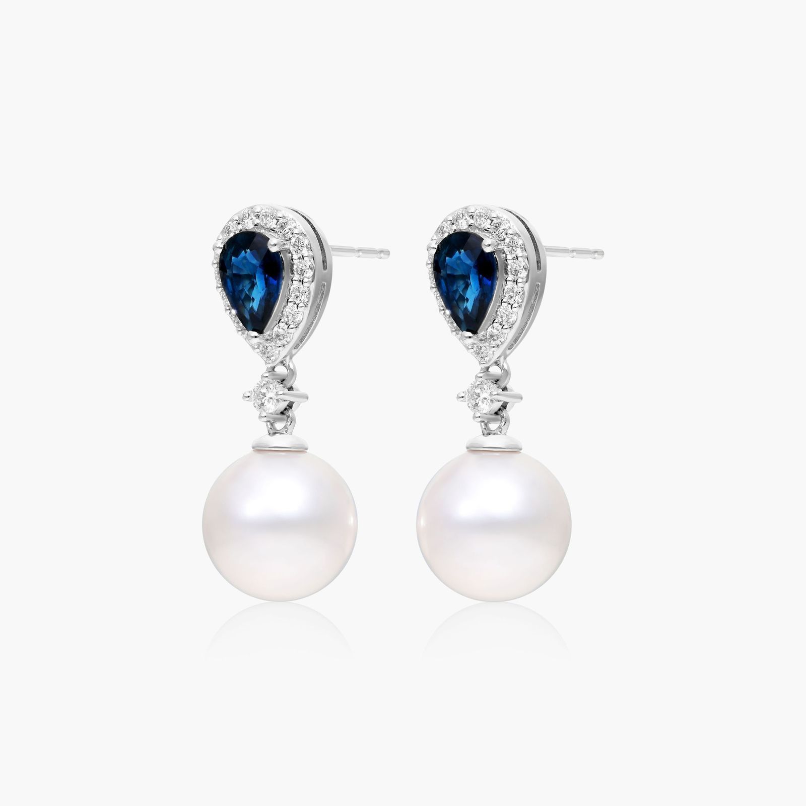 Cultured Akoya Pearl And Sapphire Drop Earrings In 14K White Gold (9.5 mm)