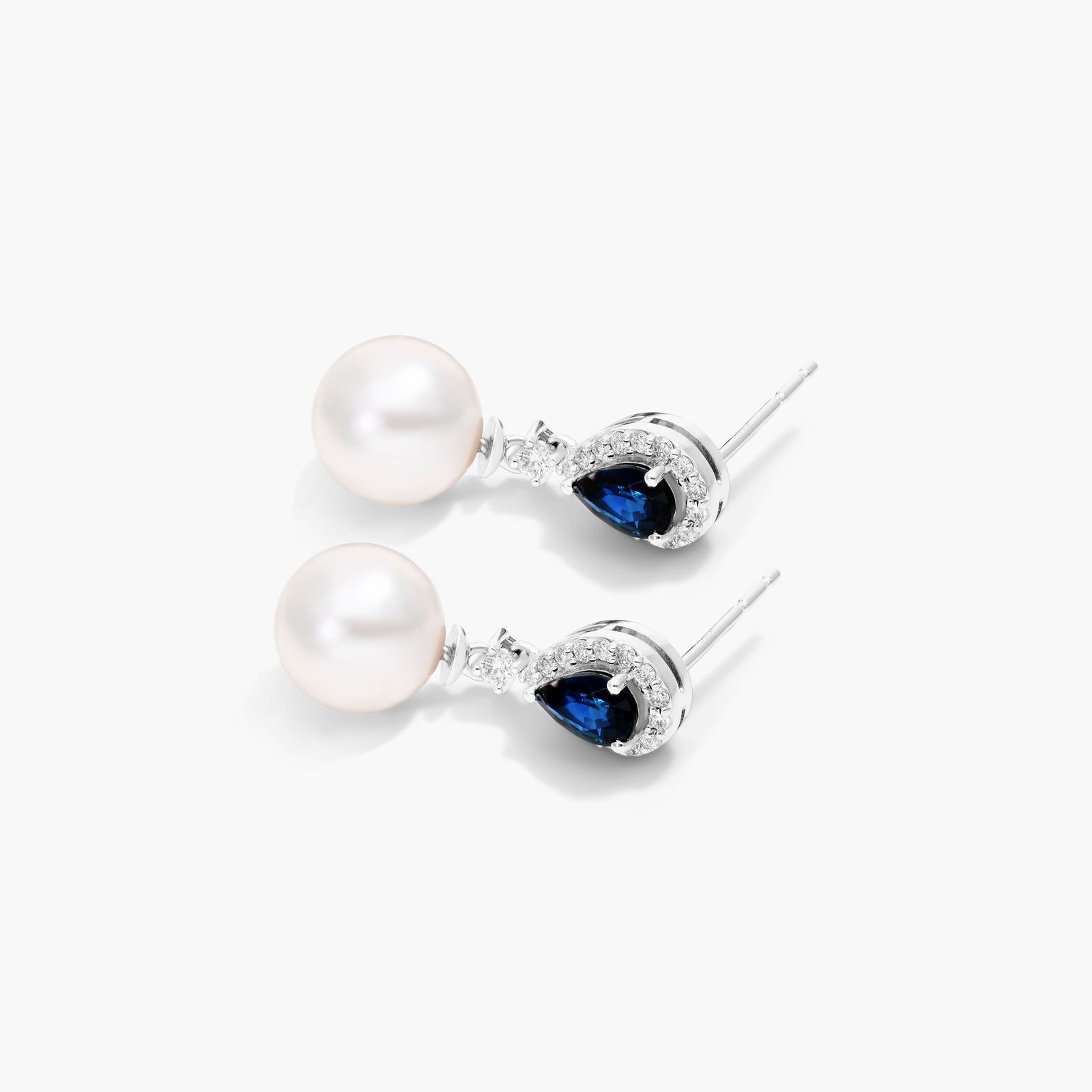 Cultured Akoya Pearl And Sapphire Drop Earrings In 14K White Gold (9.5 mm)