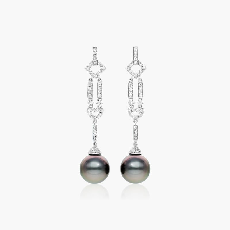Art Deco Cultured Tahitian Pearl And Diamond Drop Earrings In 18K White Gold (11-12 mm)