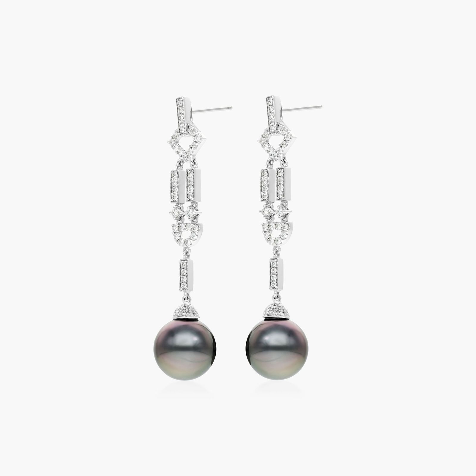 Art Deco Cultured Tahitian Pearl And Diamond Drop Earrings In 18K White Gold (11-12 mm)