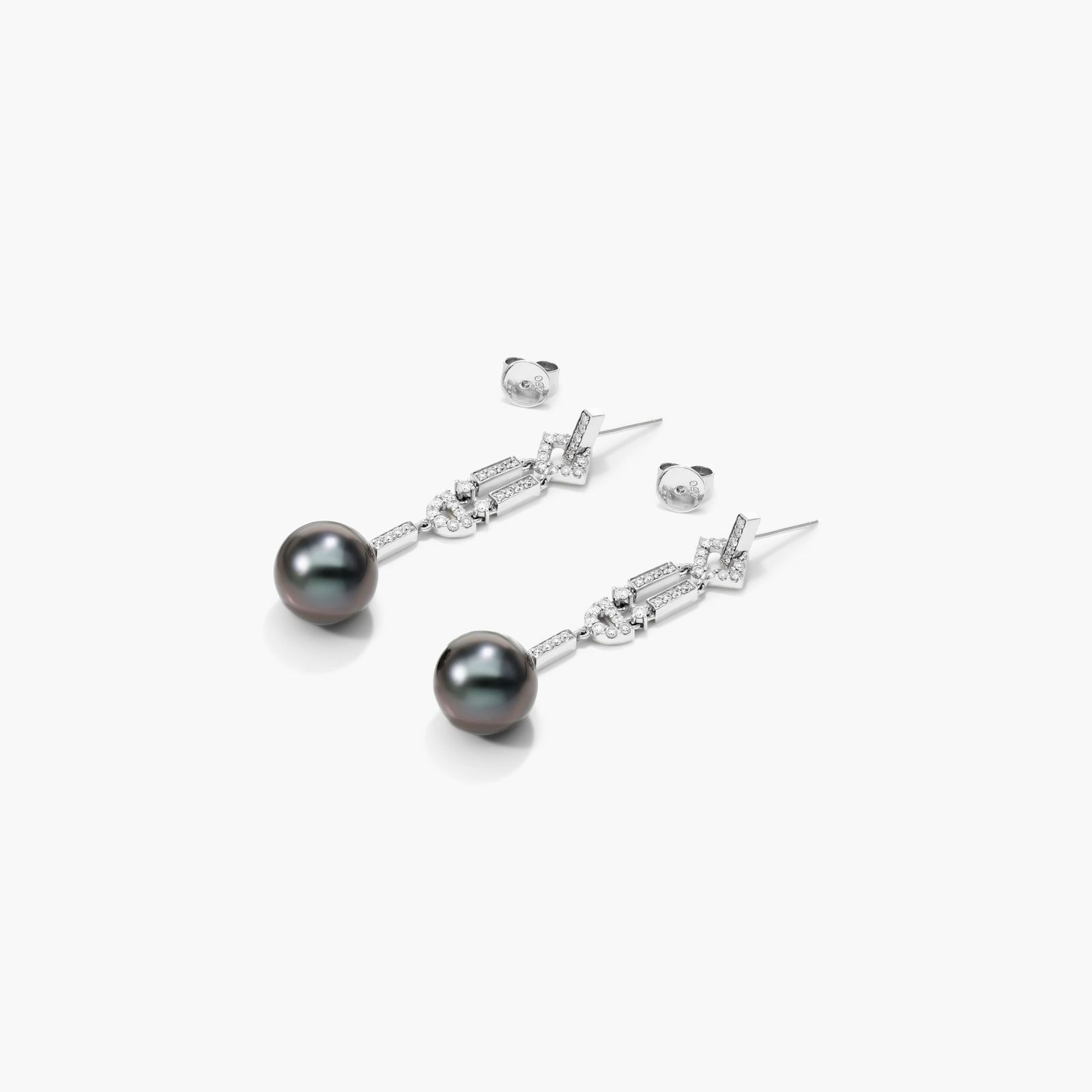 Art Deco Cultured Tahitian Pearl And Diamond Drop Earrings In 18K White Gold (11-12 mm)