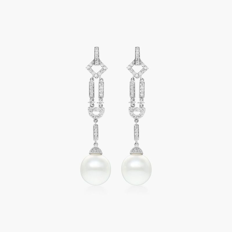 Art Deco Cultured South Sea Pearl And Diamond Drop Earrings In 18K White Gold (11-12 mm)