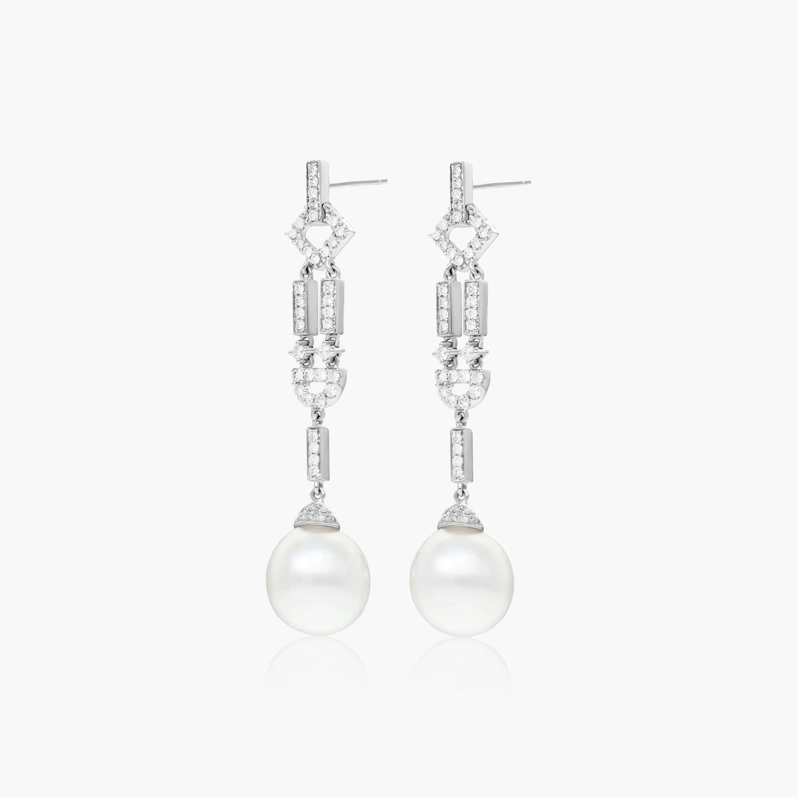 Art Deco Cultured South Sea Pearl And Diamond Drop Earrings In 18K White Gold (11-12 mm)