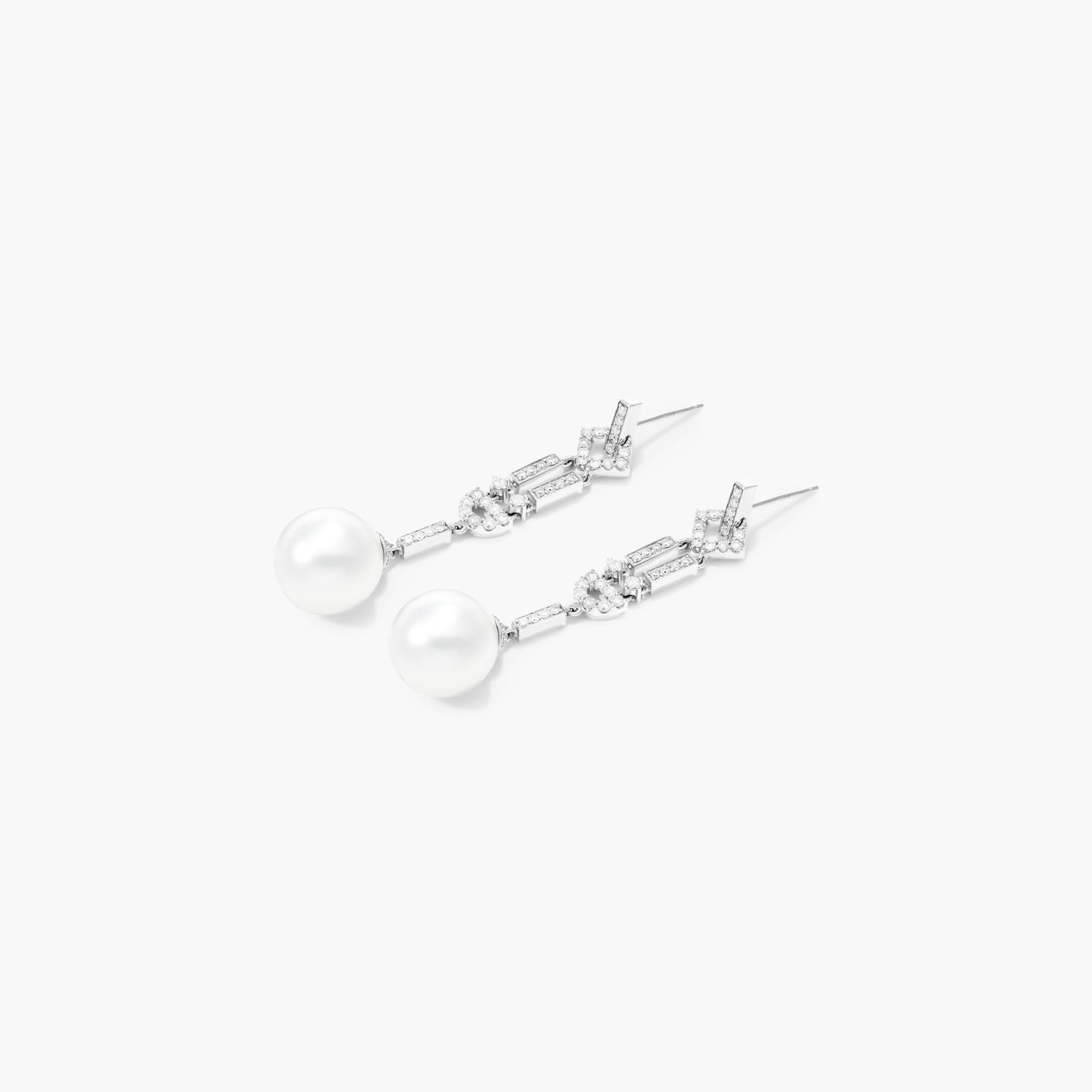 Art Deco Cultured South Sea Pearl And Diamond Drop Earrings In 18K White Gold (11-12 mm)