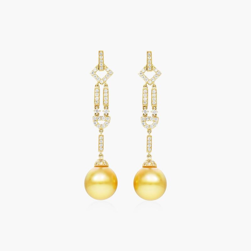 Art Deco Cultured South Sea Pearl And Diamond Drop Earrings In 18K Yellow Gold (11-12 mm)