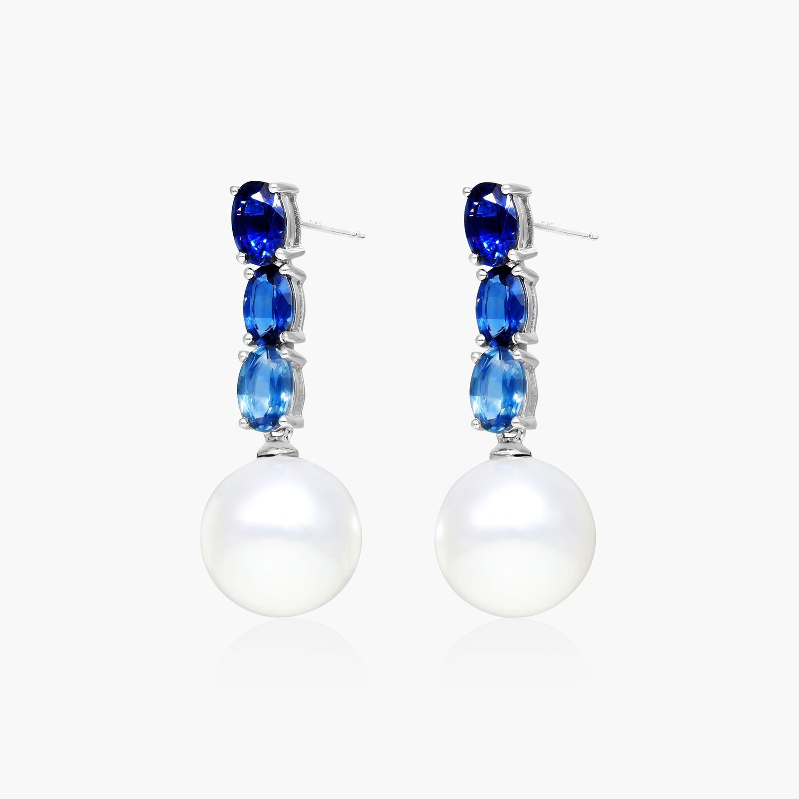 18K White Gold Ombre Sapphires and South Sea Cultured Pearl Drop Earrings (11-12 mm)