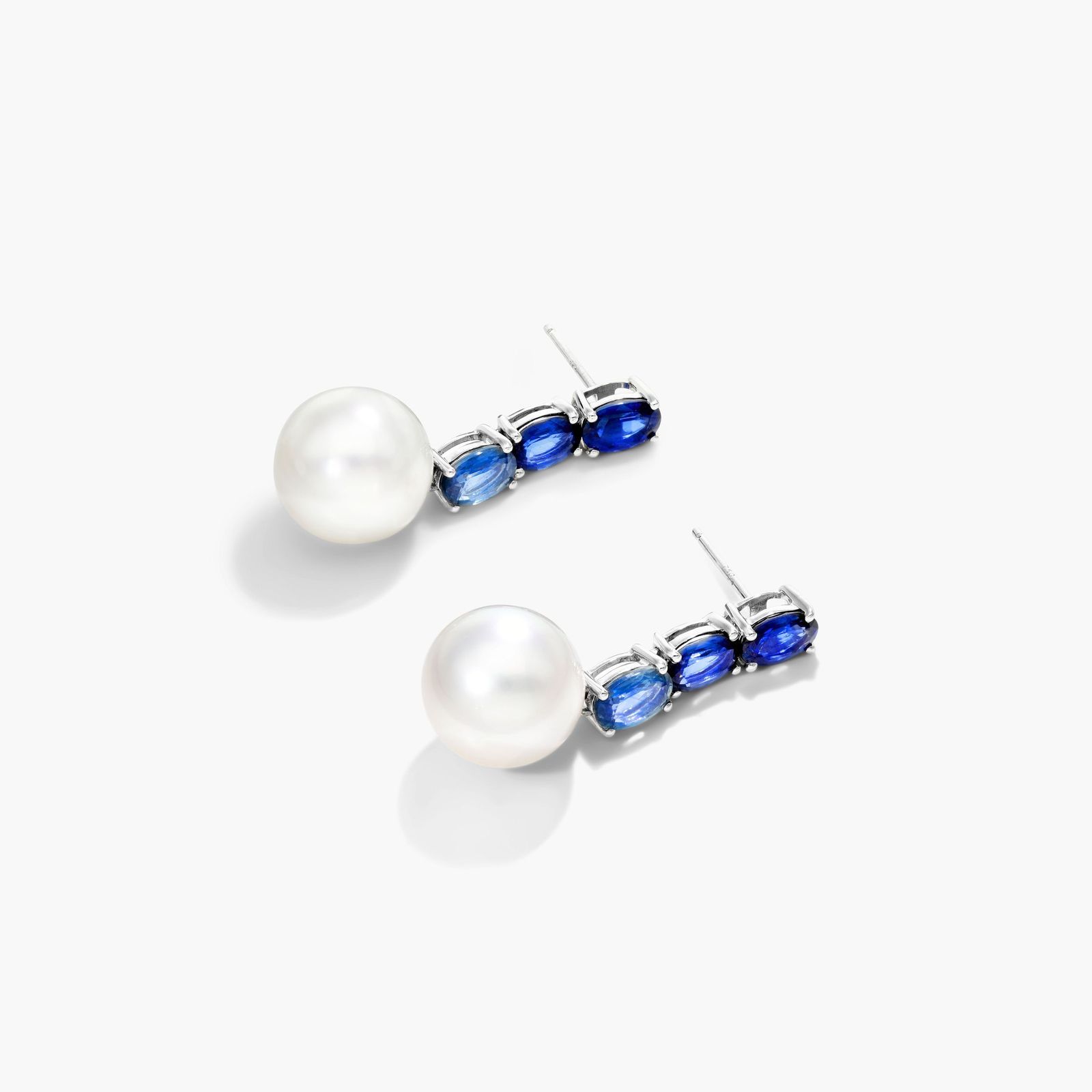 18K White Gold Ombre Sapphires and South Sea Cultured Pearl Drop Earrings (11-12 mm)