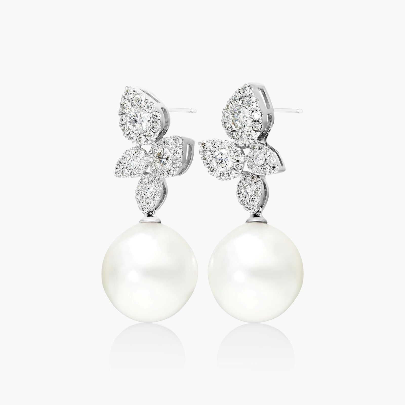 Cultured South Sea Pearl And Teardrop Diamond Cluster Drop Earrings In 18K White Gold (12-13 mm)