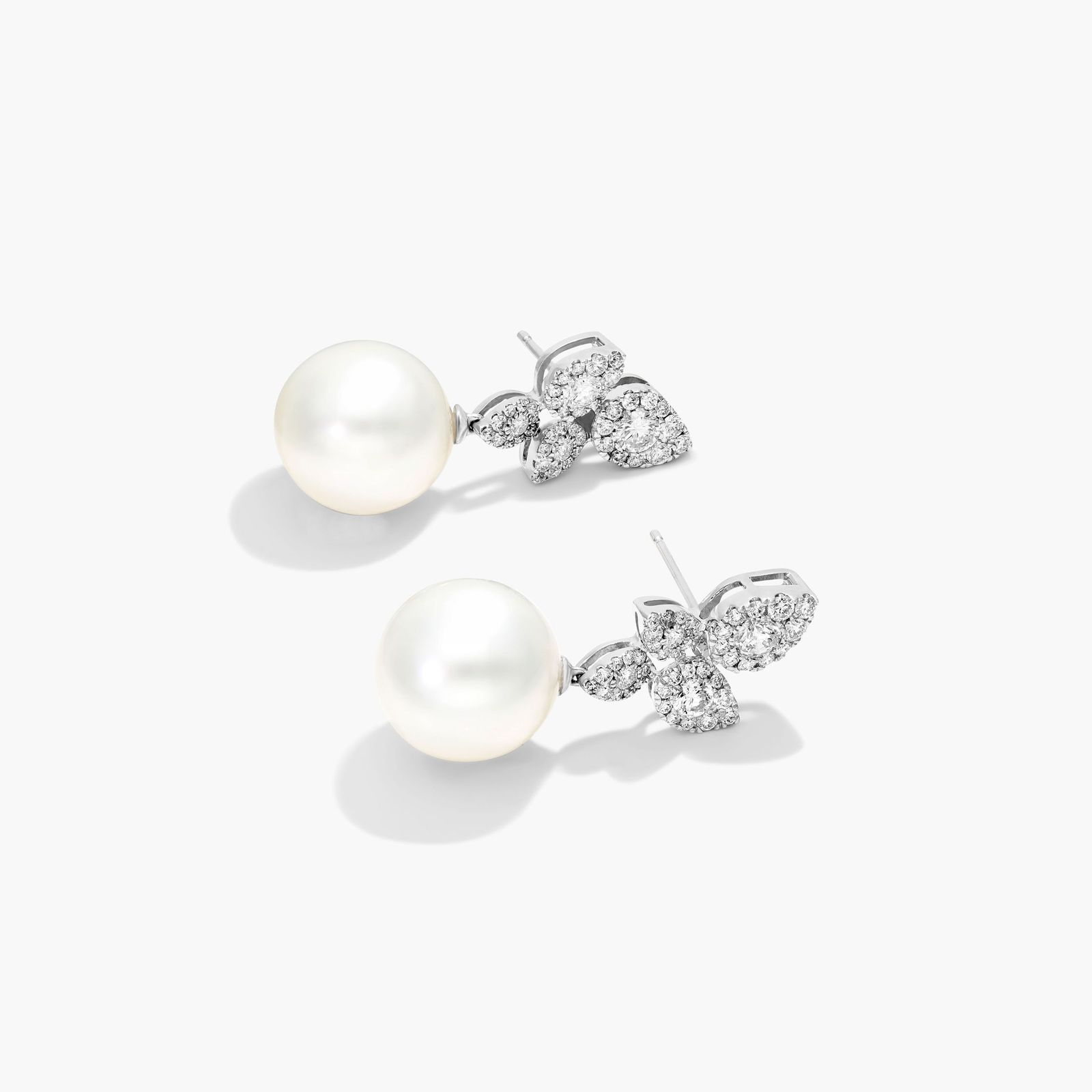 Cultured South Sea Pearl And Teardrop Diamond Cluster Drop Earrings In 18K White Gold (12-13 mm)