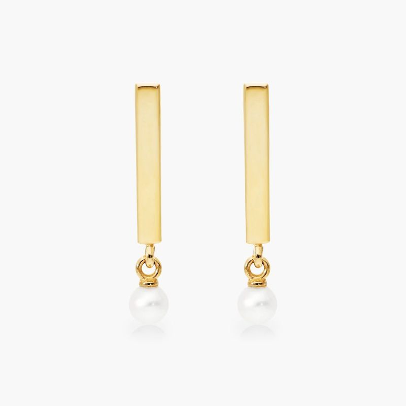 Cultured Freshwater Seed Pearl Bar Earrings In 14K Yellow Gold