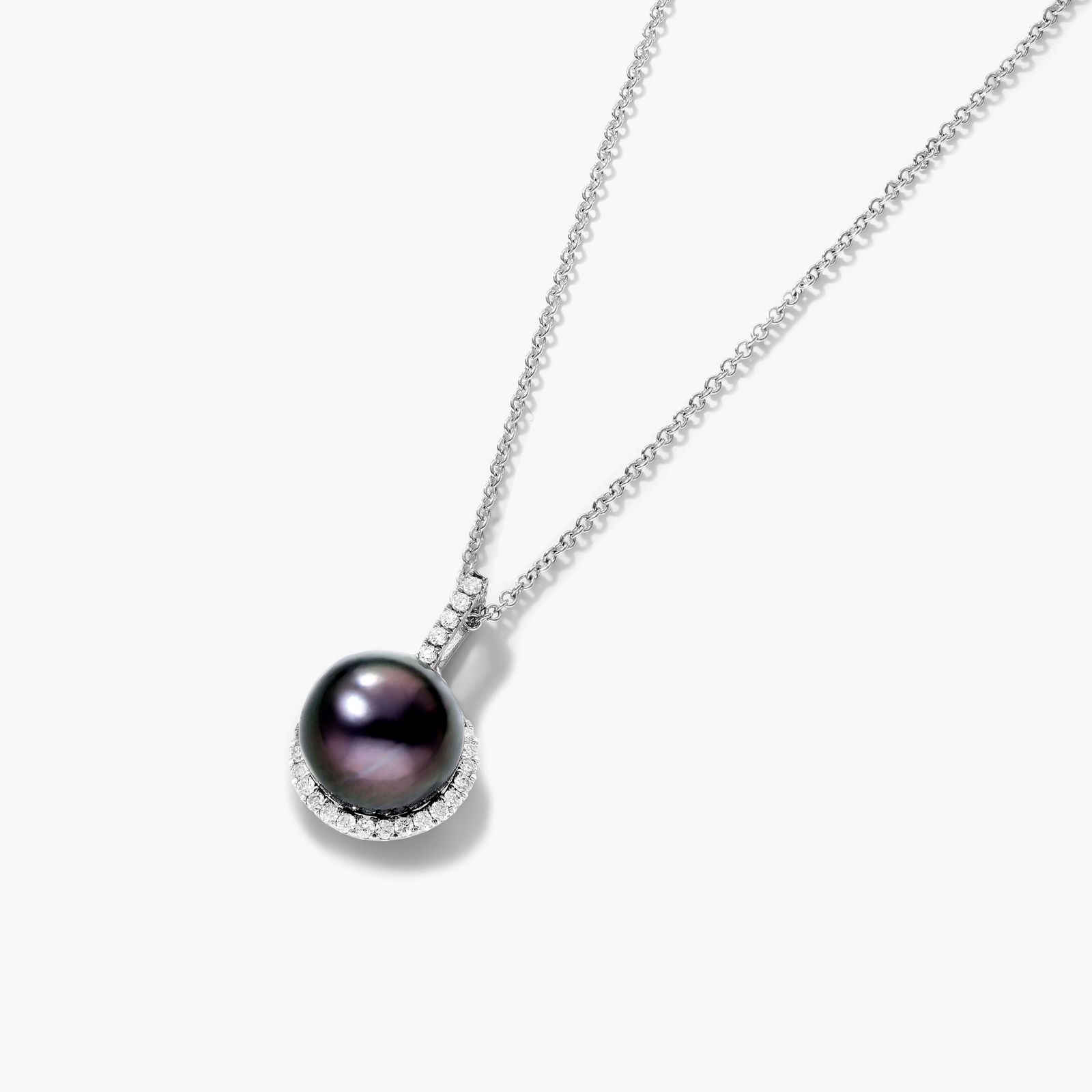 14K White Gold Cultured Tahitian Pearl and Diamond Halo Necklace