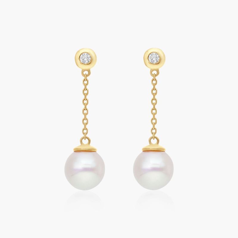 14K Yellow Gold Cultured Akoya Pearl And Bezel Set Diamond Drop Earrings