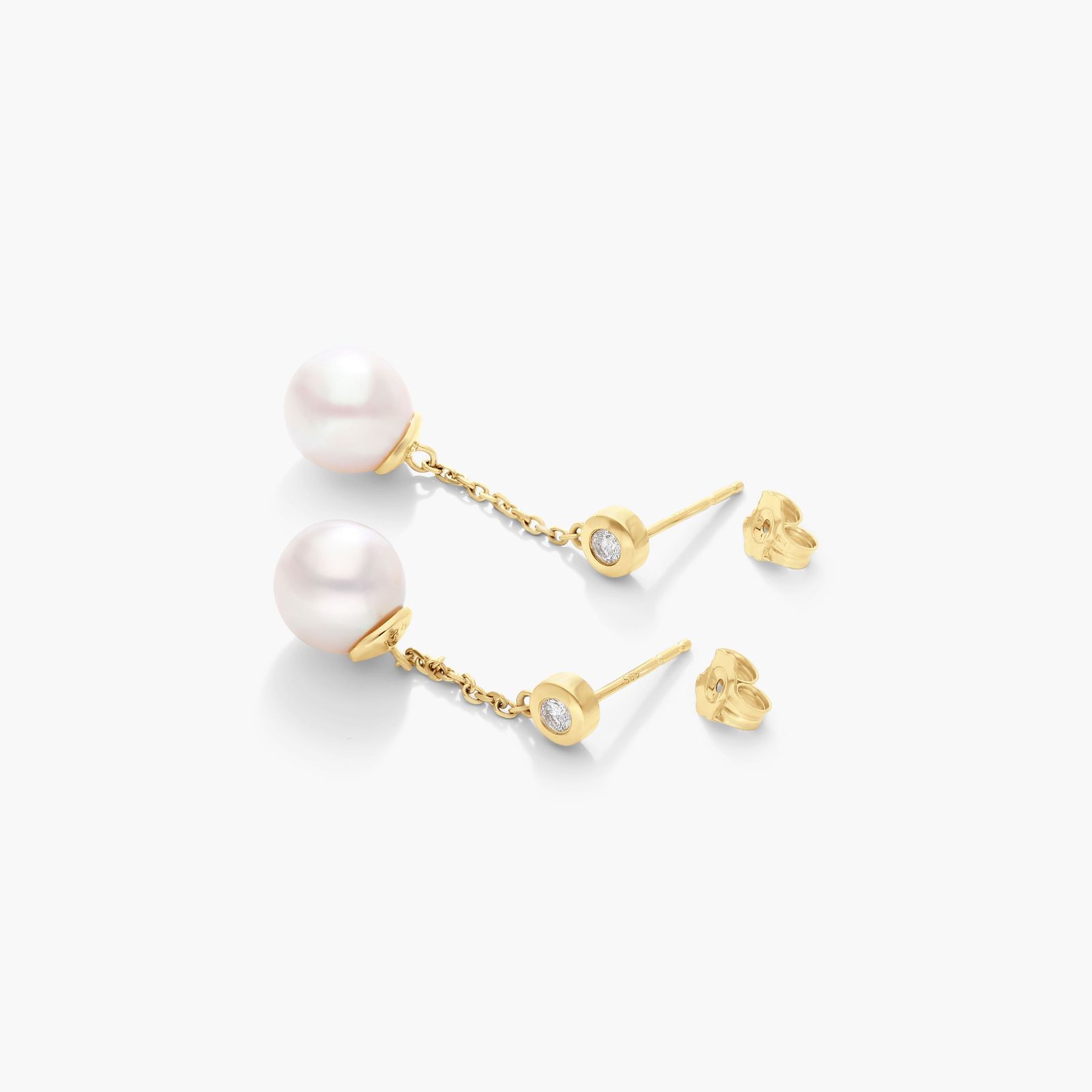 14K Yellow Gold Cultured Akoya Pearl And Bezel Set Diamond Drop Earrings