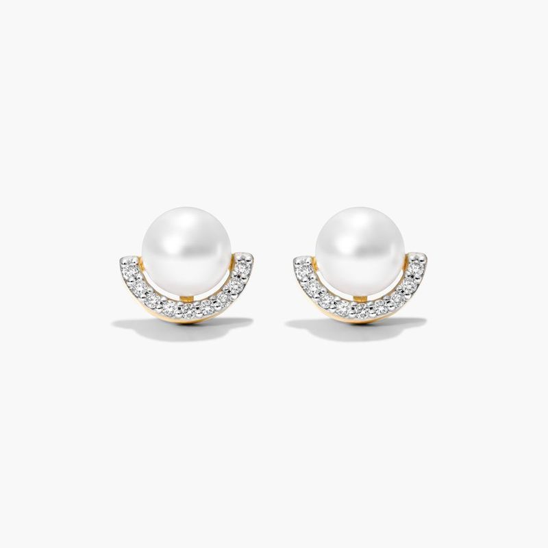 Cultured Akoya Pearl And Half Moon Diamond Stud Earrings In 14K Yellow Gold