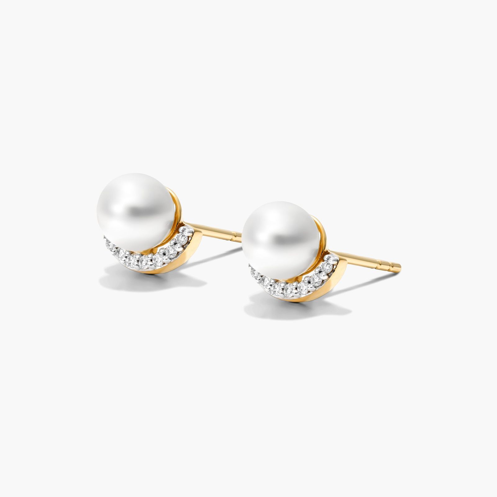 Cultured Akoya Pearl And Half Moon Diamond Stud Earrings In 14K Yellow Gold