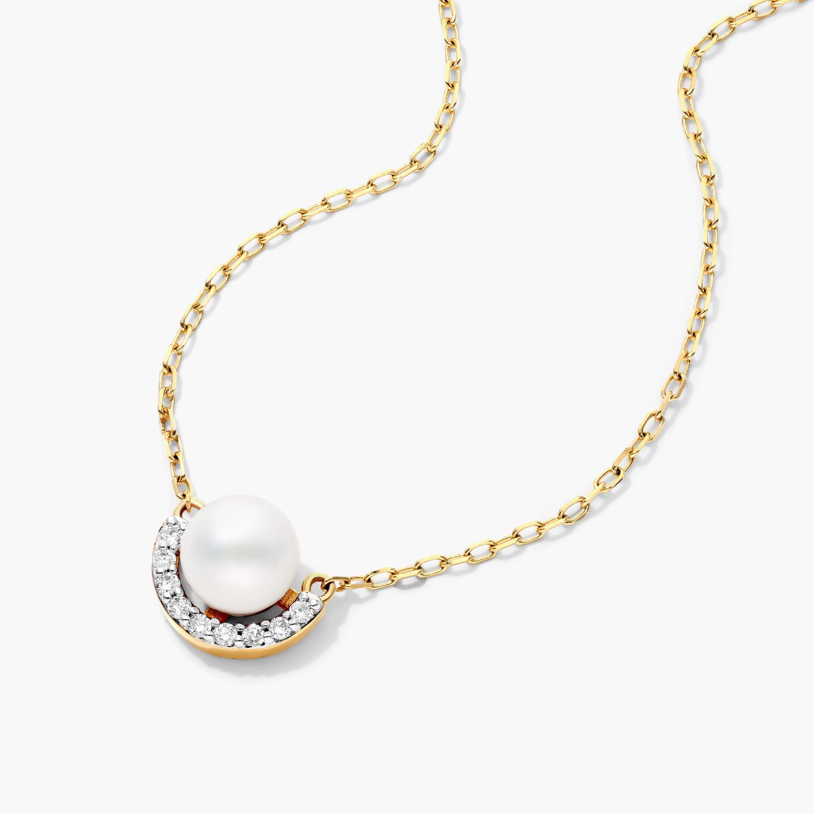 14K Yellow Gold Akoya Cultured Pearl Half Moon Diamond Necklace