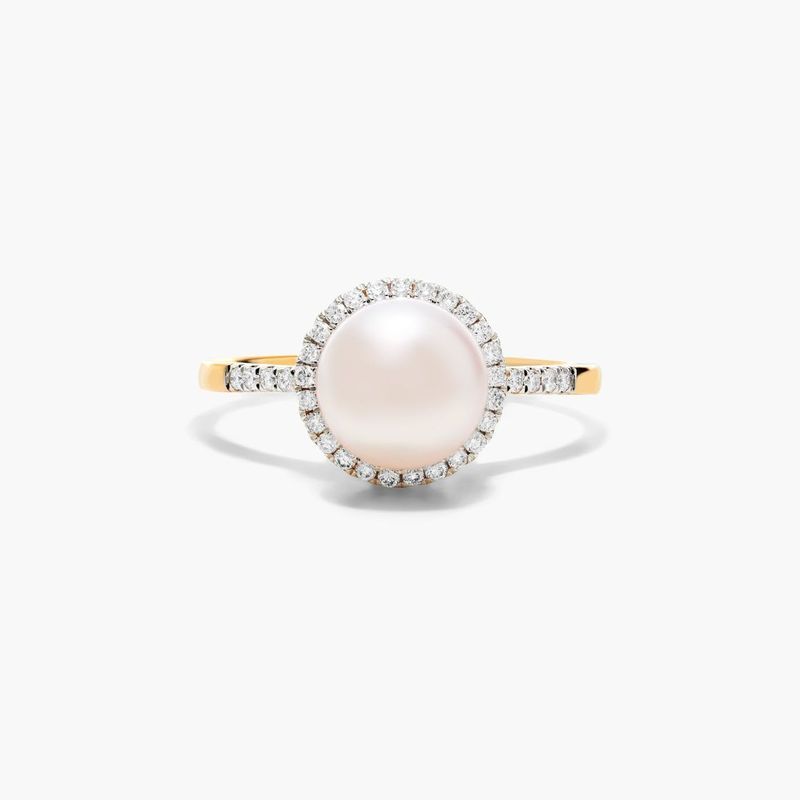 Akoya Cultured Pearl And Diamond Halo Ring In 14K Yellow Gold