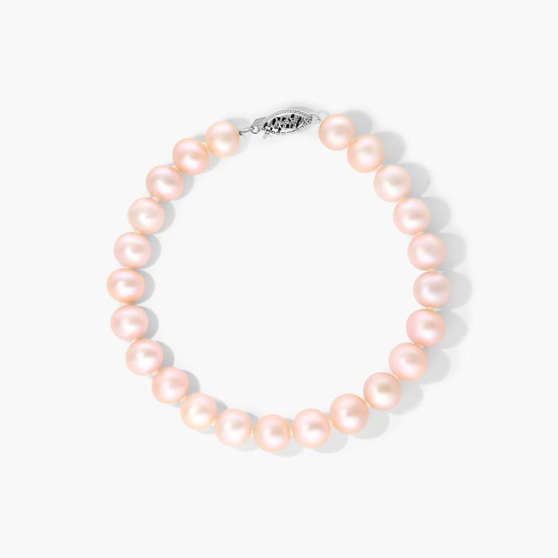 Pink Freshwater Cultured Pearl Fish Clasp Bracelet In 14K White Gold (7-8mm)