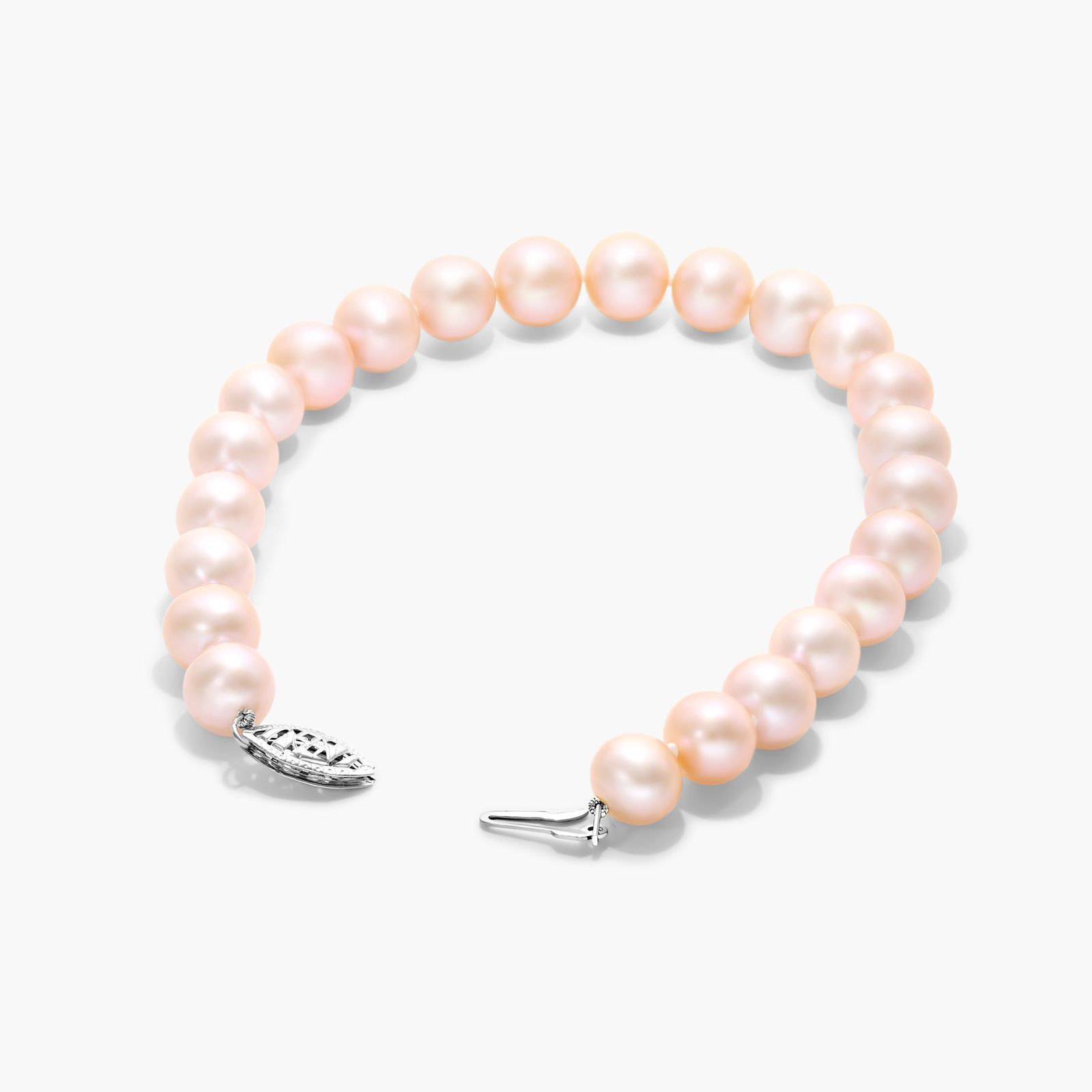Pink Freshwater Cultured Pearl Fish Clasp Bracelet In 14K White Gold (7-8mm)