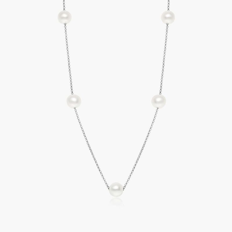 14K White Gold Freshwater Cultured Pearl Station Necklace
