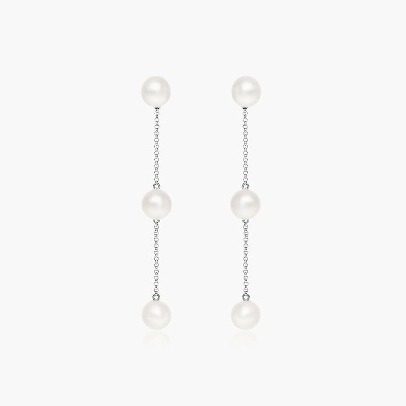 Cultured Freshwater Pearl Station Earrings In 14K White Gold