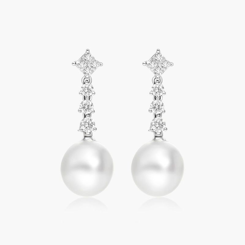 Cultured South Sea Pearl And Diamond Earrings In 18K White Gold