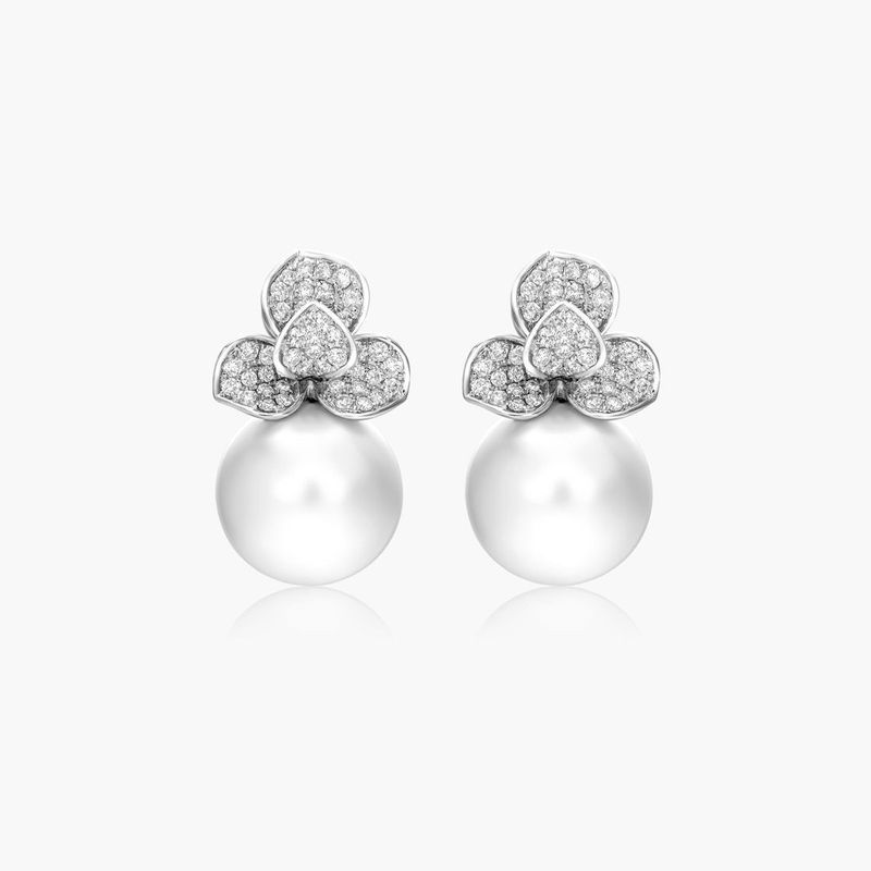 Cultured South Sea Pearl And Diamond Leaf Earrings In 18K White Gold