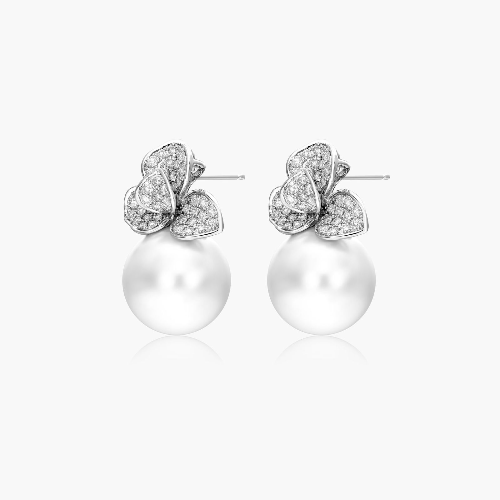 Cultured South Sea Pearl And Diamond Leaf Earrings In 18K White Gold