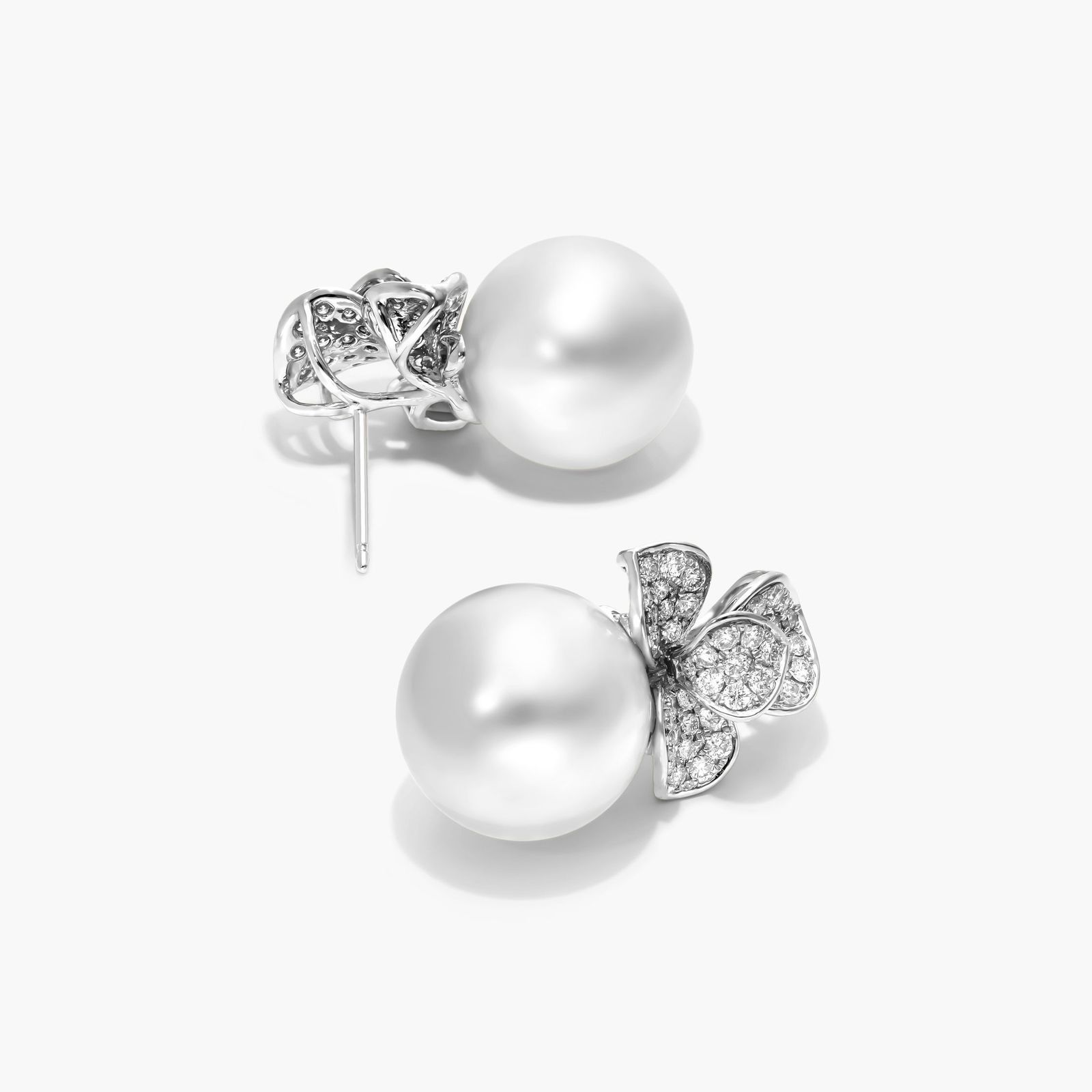 Cultured South Sea Pearl And Diamond Leaf Earrings In 18K White Gold