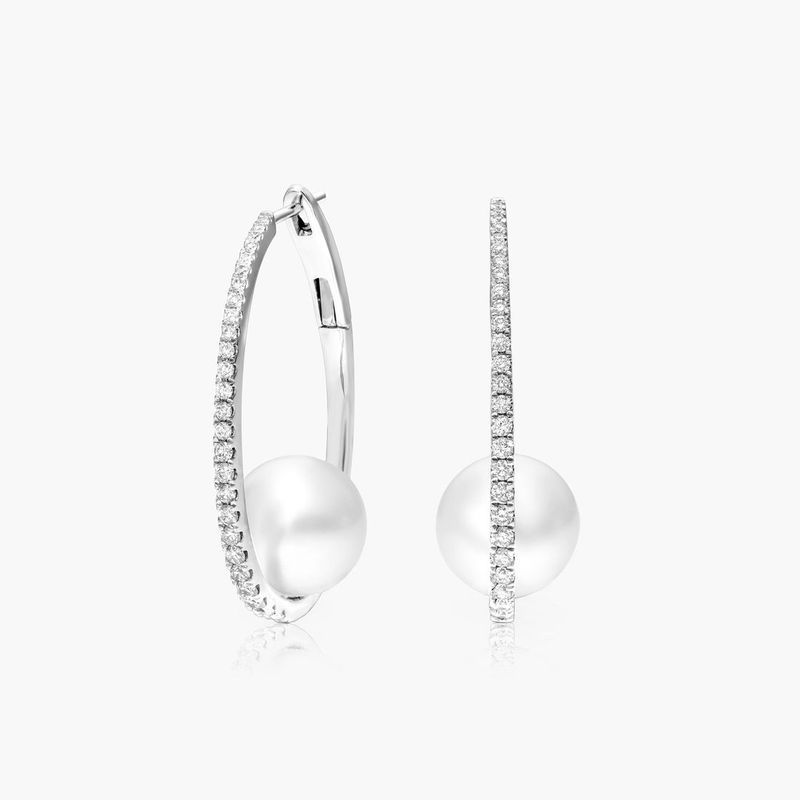 Cultured South Sea Pearl And Diamond Hoop Earrings In 18K White Gold