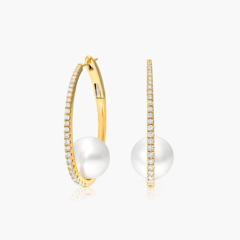 Cultured South Sea Pearl And Diamond Hoop Earrings In 18K Yellow Gold