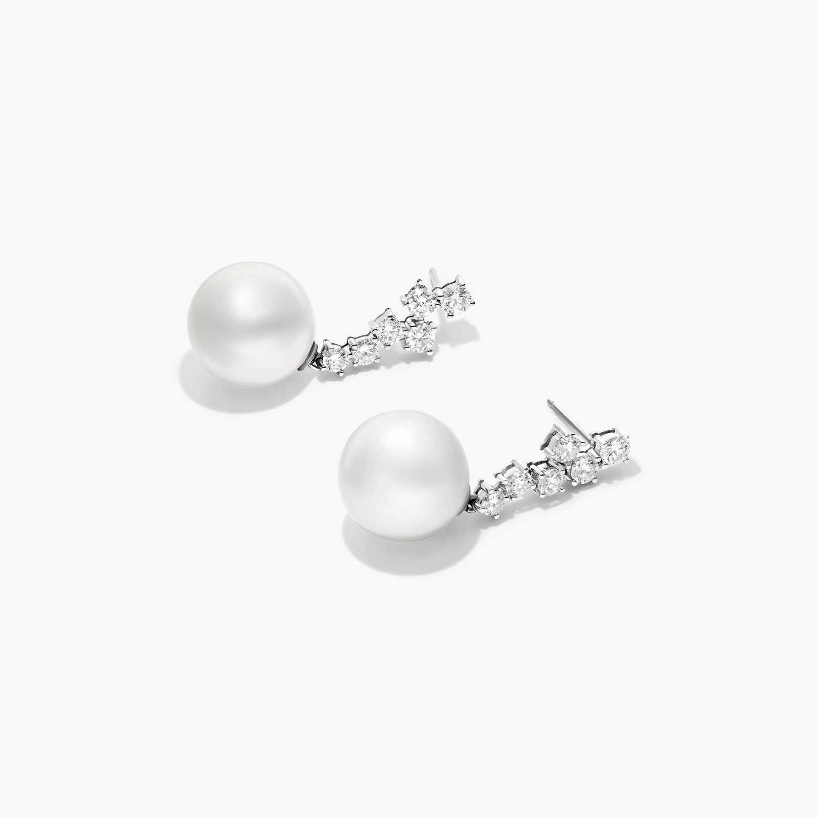 Cultured South Sea Pearl And Scattered Diamond Earrings In 18K White Gold