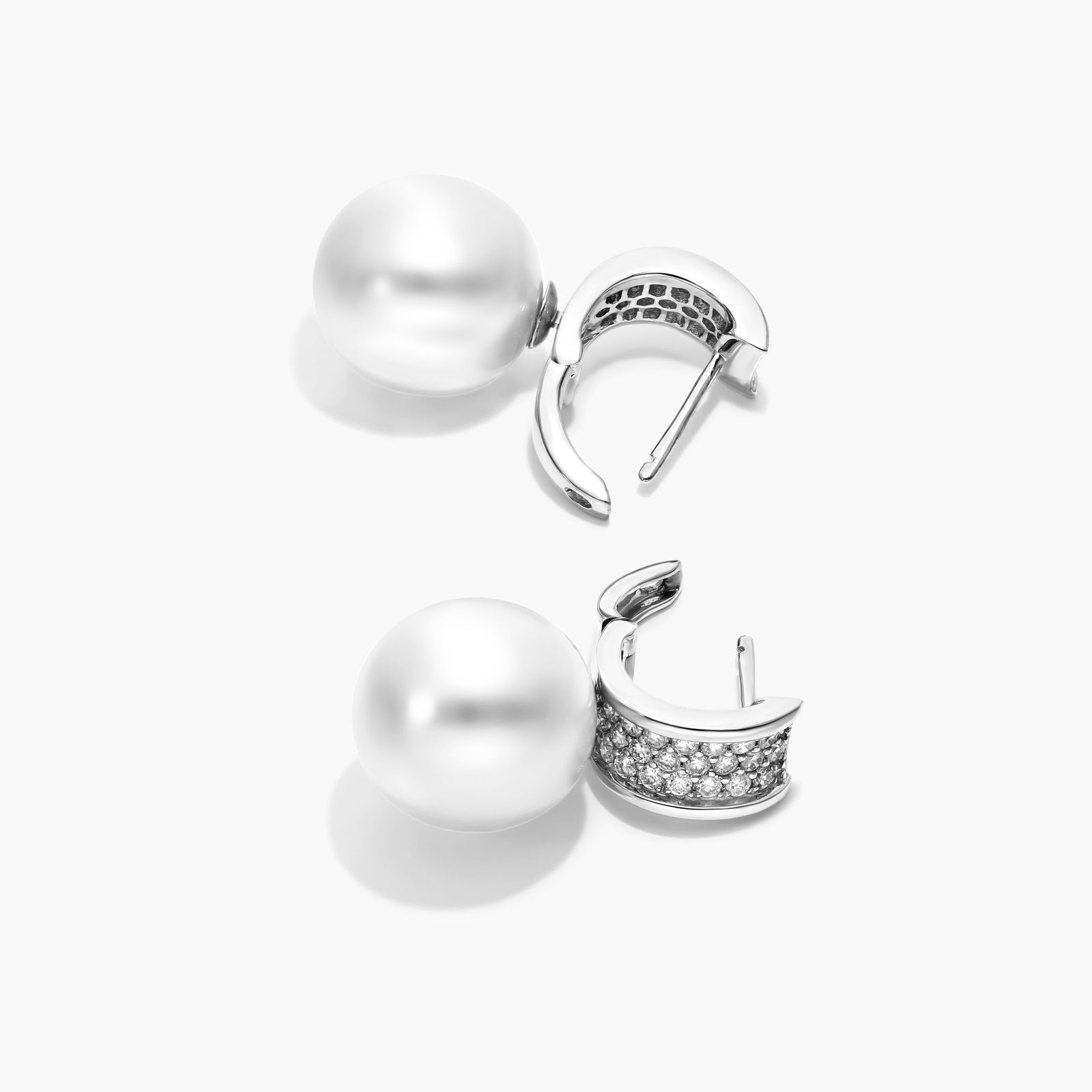 Cultured South Sea Pearl And Diamond Huggie Earrings In 18K White Gold