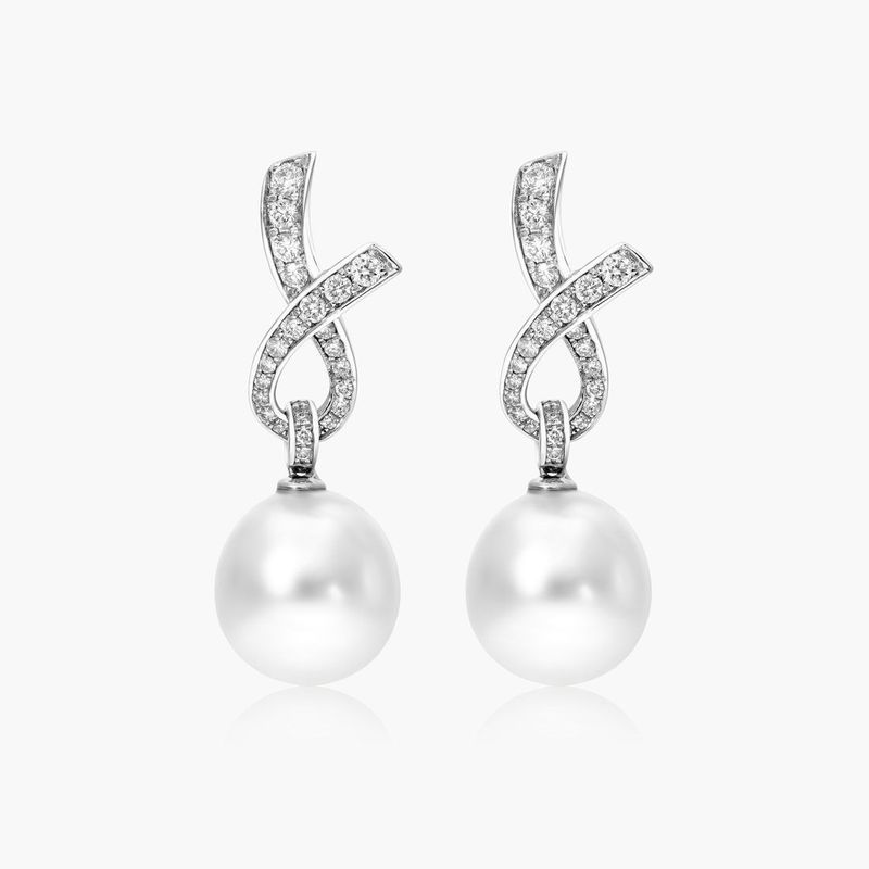 Cultured South Sea Pearl And Diamond Ribbon Earrings In 18K White Gold