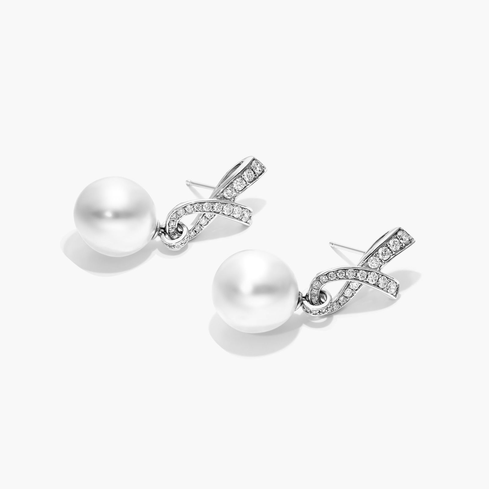 Cultured South Sea Pearl And Diamond Ribbon Earrings In 18K White Gold