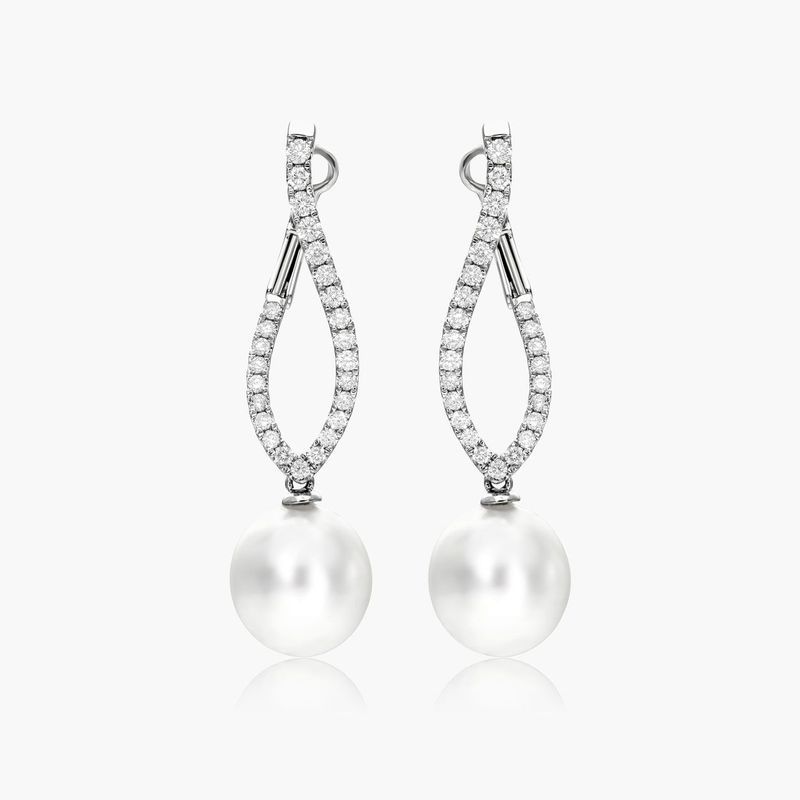 Cultured South Sea Pearl And Twisted Diamond Earrings In 18K White Gold