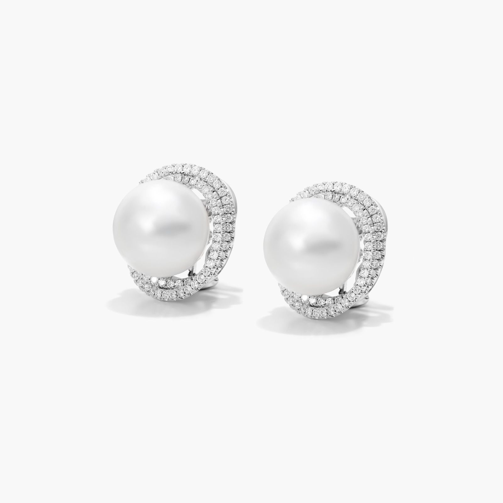 Cultured South Sea Pearl And Whirling Diamond Earrings In 18K White Gold