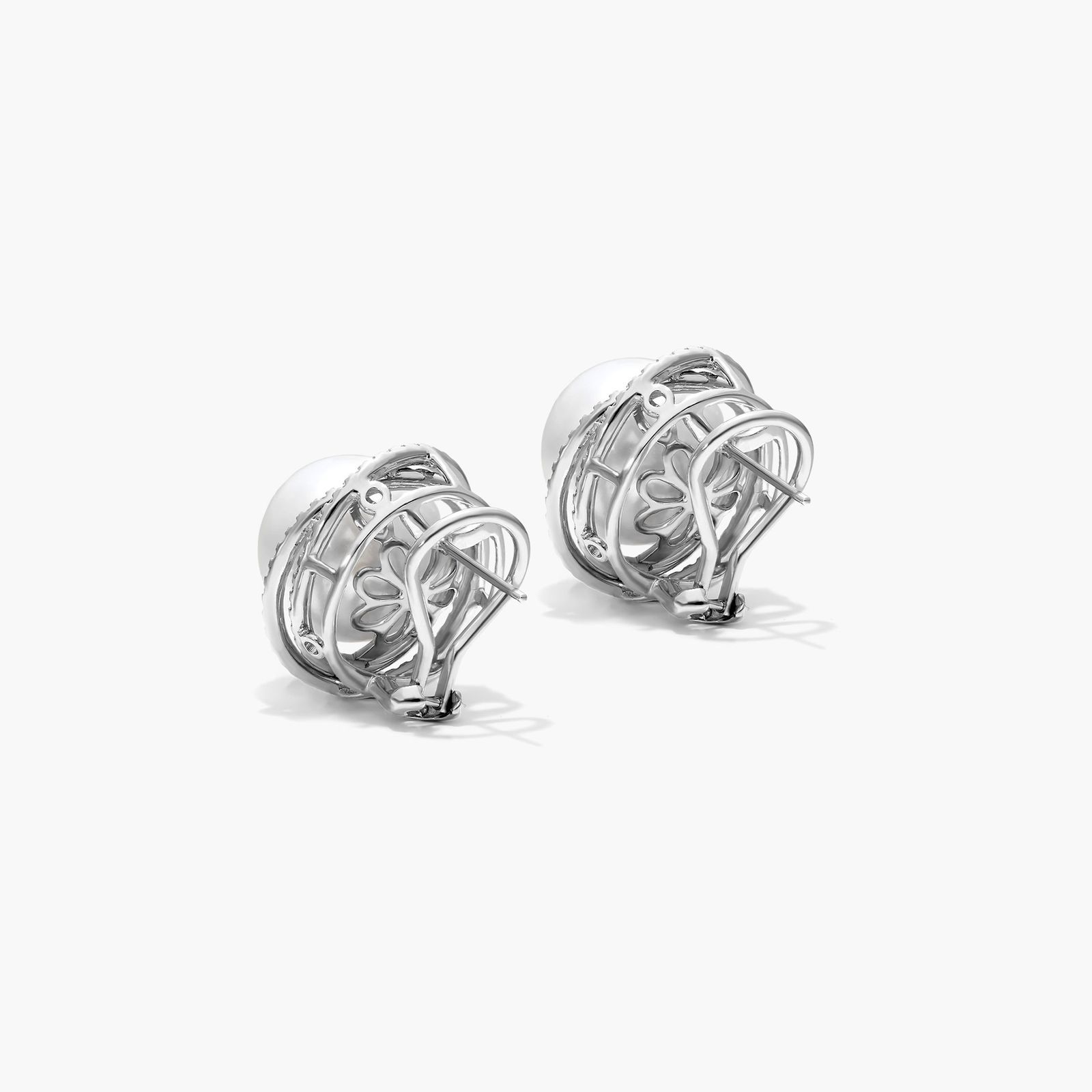 Cultured South Sea Pearl And Whirling Diamond Earrings In 18K White Gold