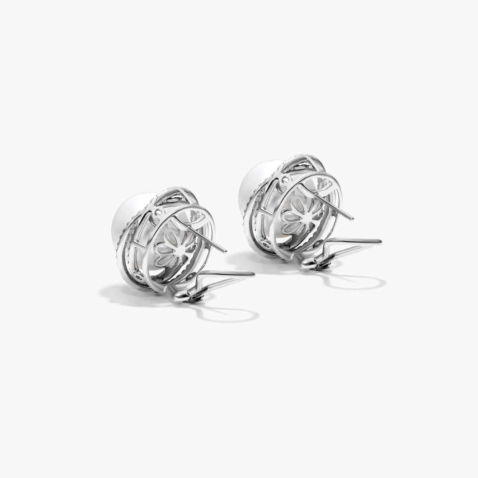 Cultured South Sea Pearl And Whirling Diamond Earrings In 18K White Gold
