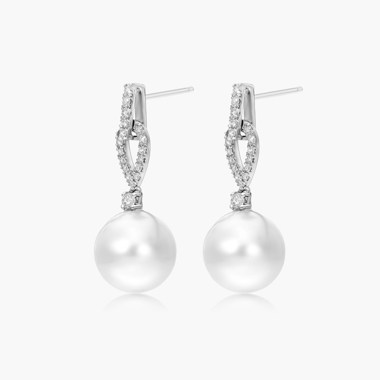 Cultured South Sea Pearl And Loop Diamond Earrings In 14K White Gold