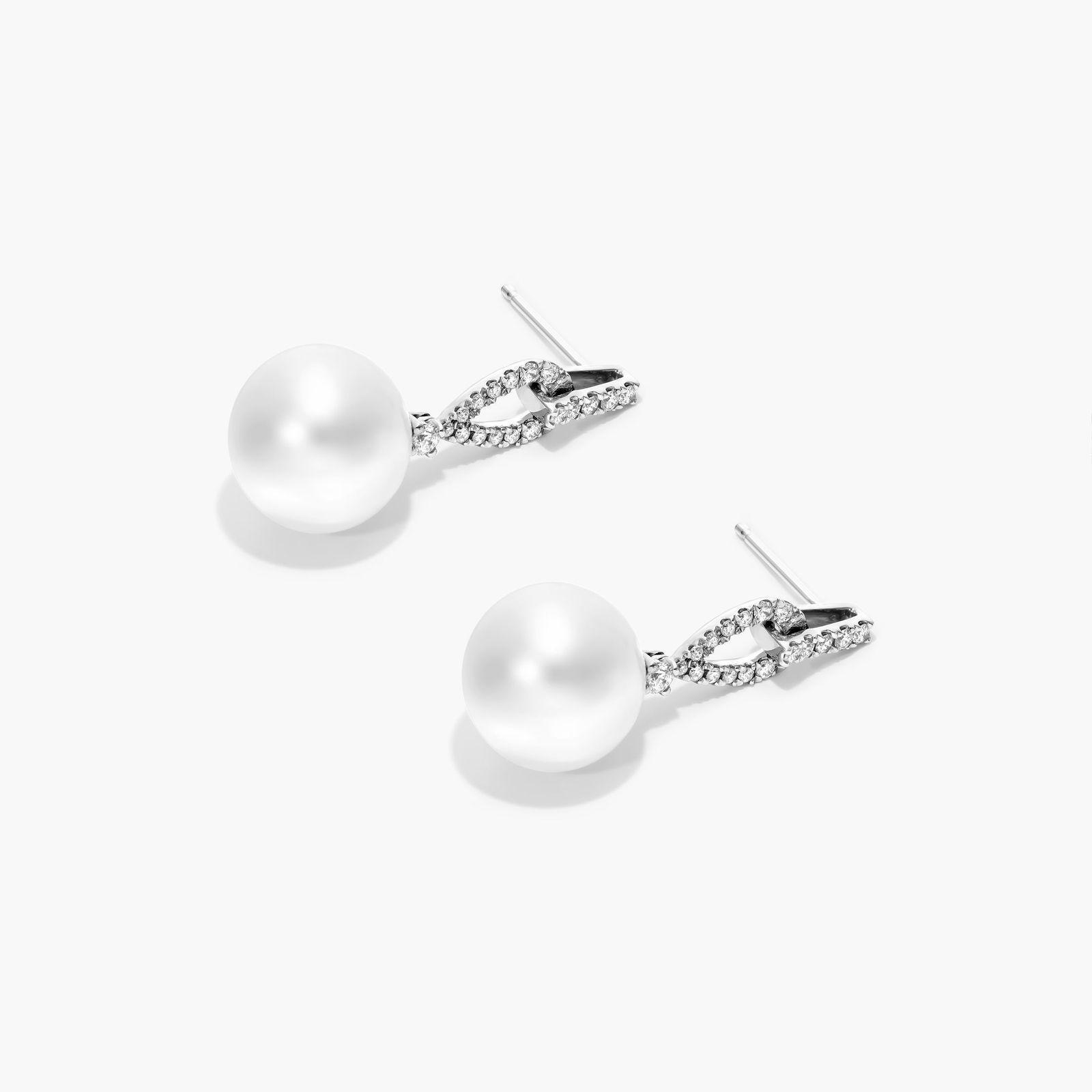 Cultured South Sea Pearl And Loop Diamond Earrings In 14K White Gold