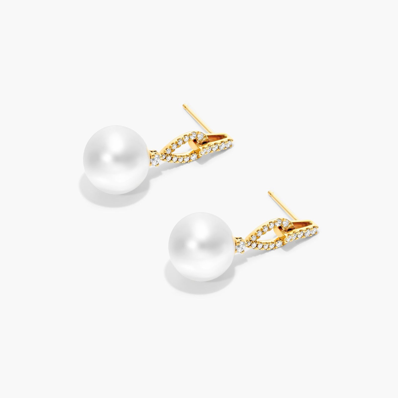 Cultured South Sea Pearl And Loop Diamond Earrings In 14K Yellow Gold