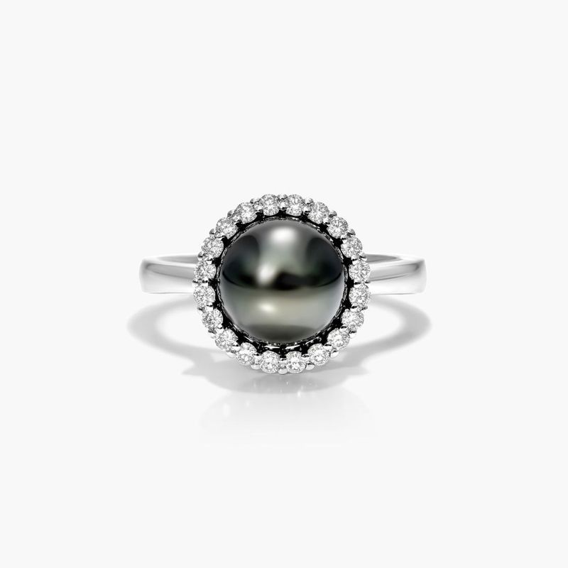 Tahitian Cultured Pearl And Diamond Halo Ring In 14K White Gold