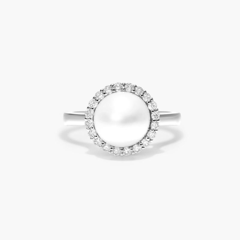 Akoya Cultured Pearl And Diamond Halo Ring In 14K White Gold