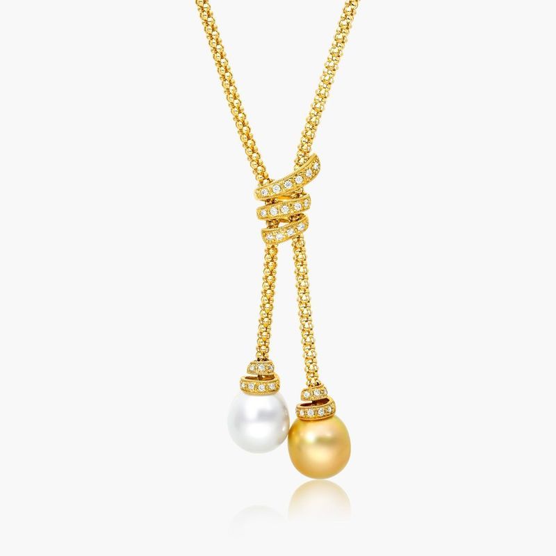 18K Yellow Gold Lariat Diamonds and White & Golden South Sea Cultured Pearl Necklace