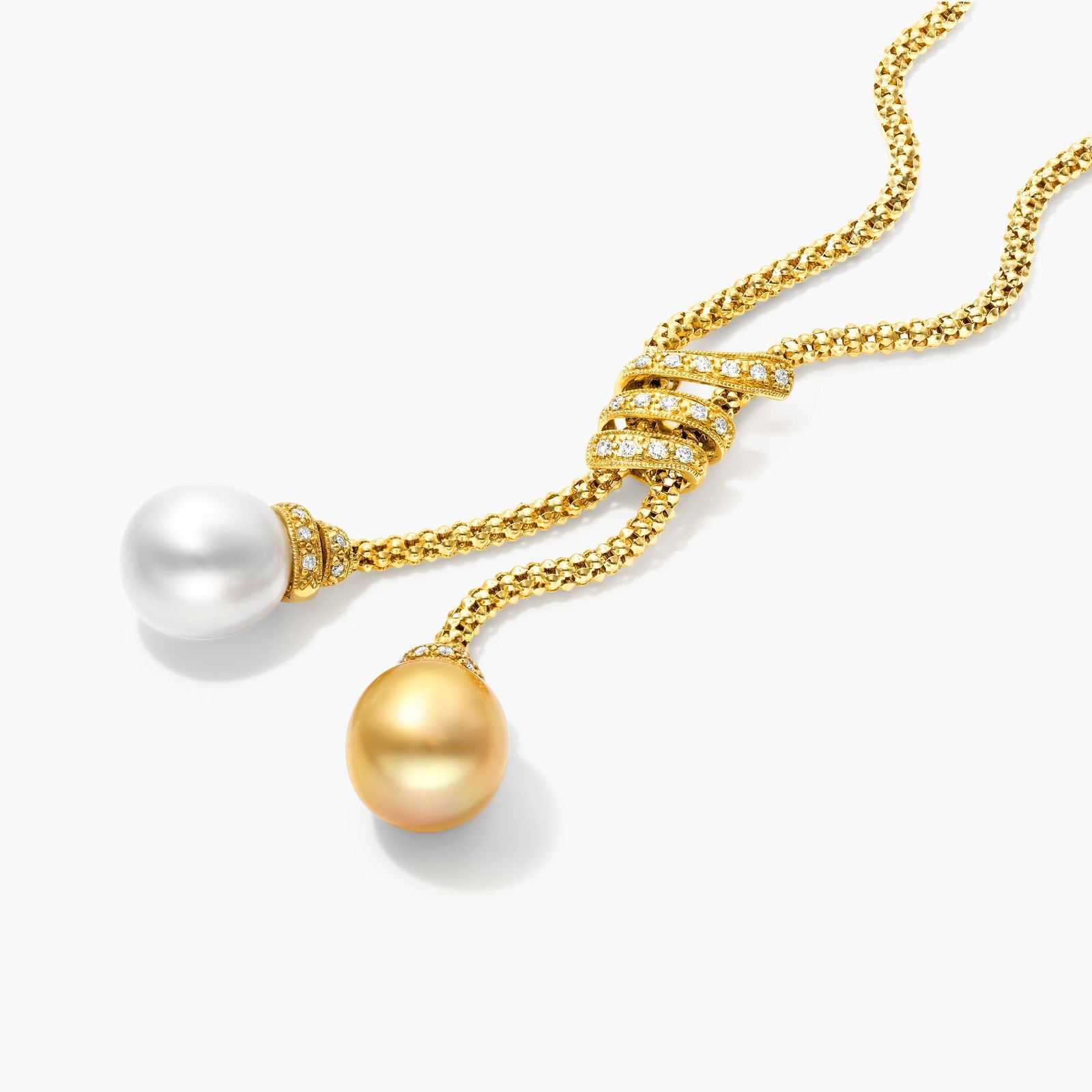 18K Yellow Gold Lariat Diamonds and White & Golden South Sea Cultured Pearl Necklace