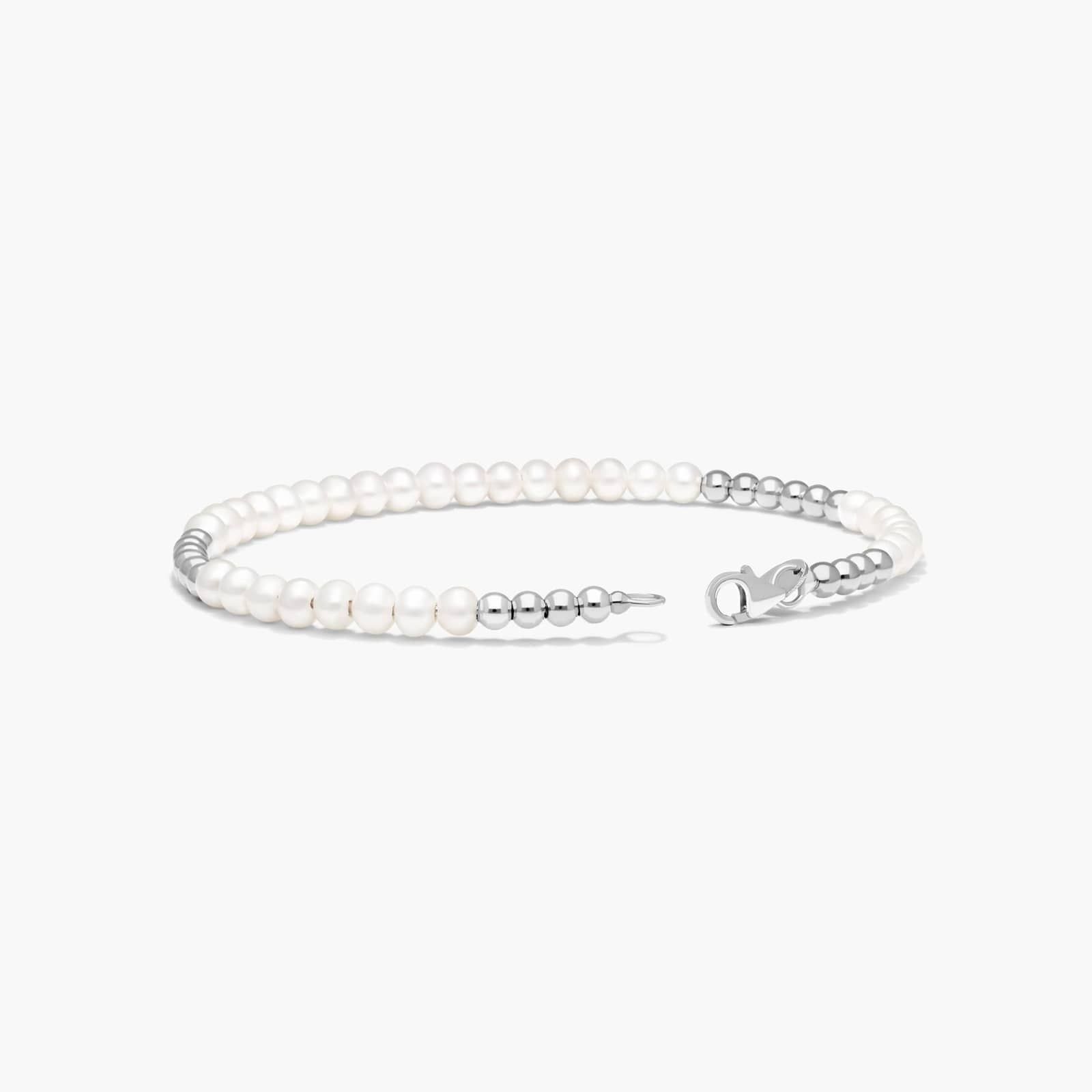 14K White Gold Freshwater Pearl Beaded Bangle Bracelet