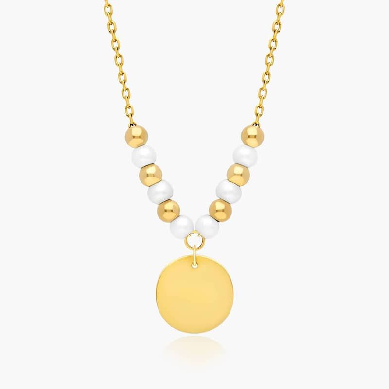 14K  Yellow Gold Freshwater Pearl & Bead Disc Necklace